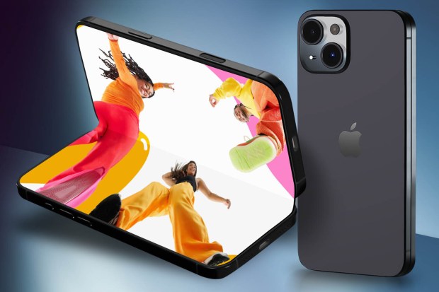 Illustration of a foldable phone displaying people dancing, next to a closed phone.