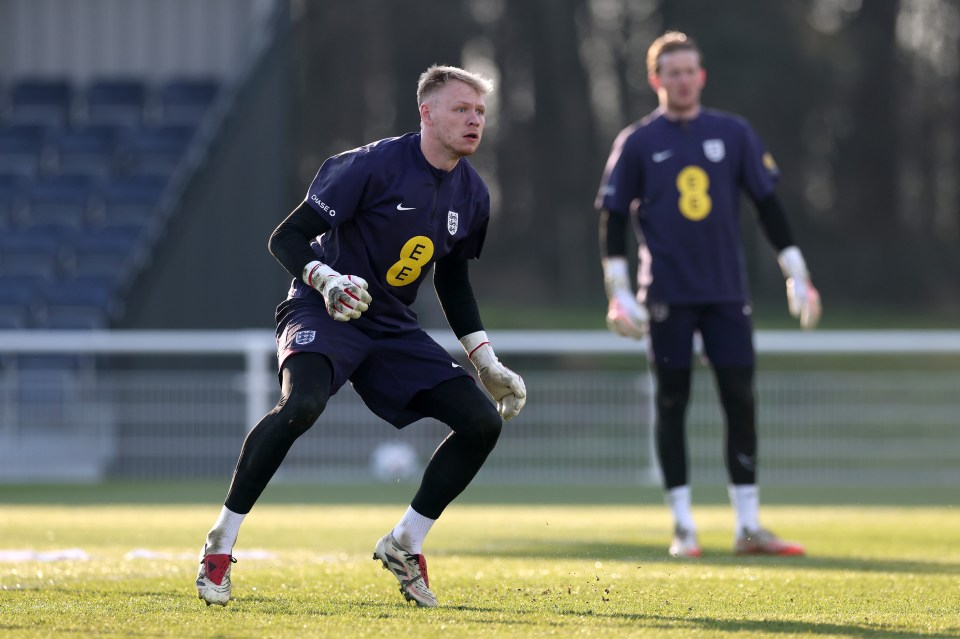 Aaron Ramsdale of England in action during a training session.
