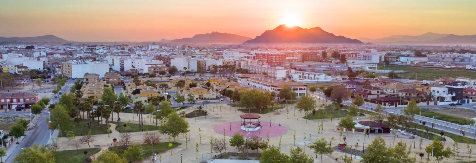 Aerial view of Almoradí, Spain at sunset.