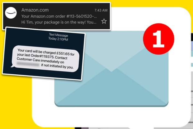 Illustration of an Amazon order confirmation and a scam text message about a large unexpected charge.