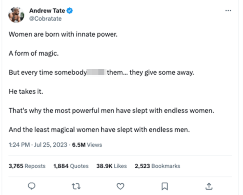 Screenshot of Andrew Tate's tweet about women's power.