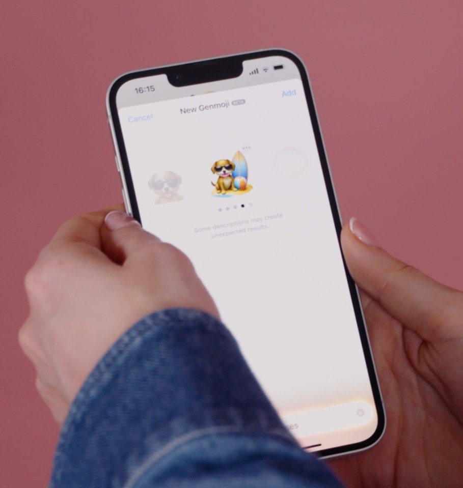 Hands holding a phone showing a new Genmoji of a dog surfing.