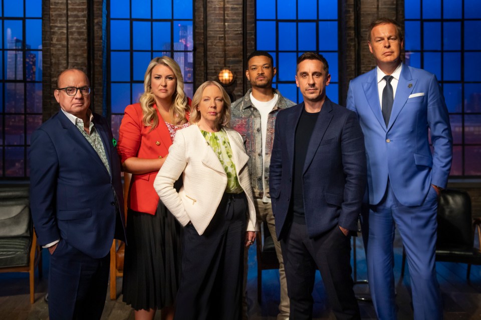 Group photo of the Dragons' Den panel, including Gary Neville.