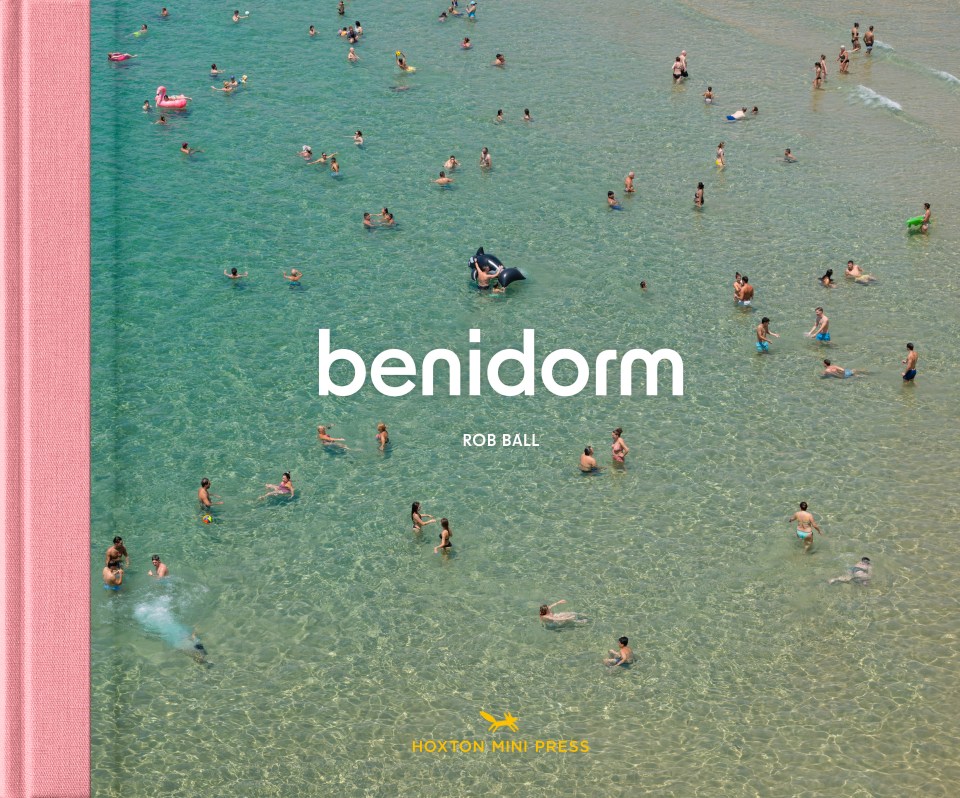 Benidorm book cover: Aerial view of people swimming in clear water.
