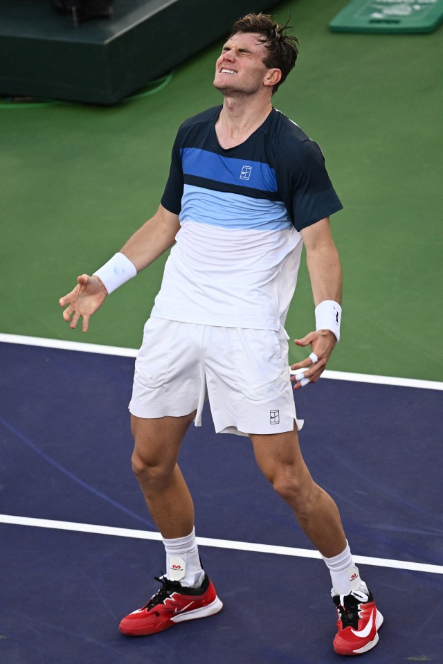 Jack Draper reacting after winning a tennis match.