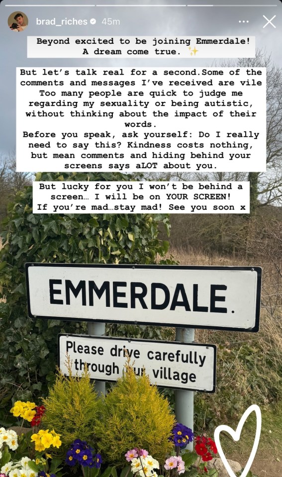 Screenshot of an Instagram post announcing the author's role in Emmerdale, with a photo of an Emmerdale village sign.