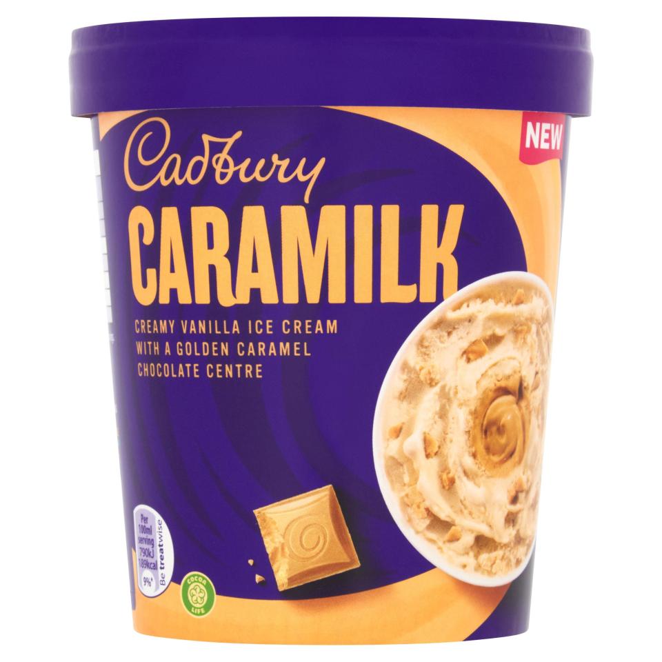 Cadbury Caramilk creamy vanilla ice cream tub with caramel chocolate center.