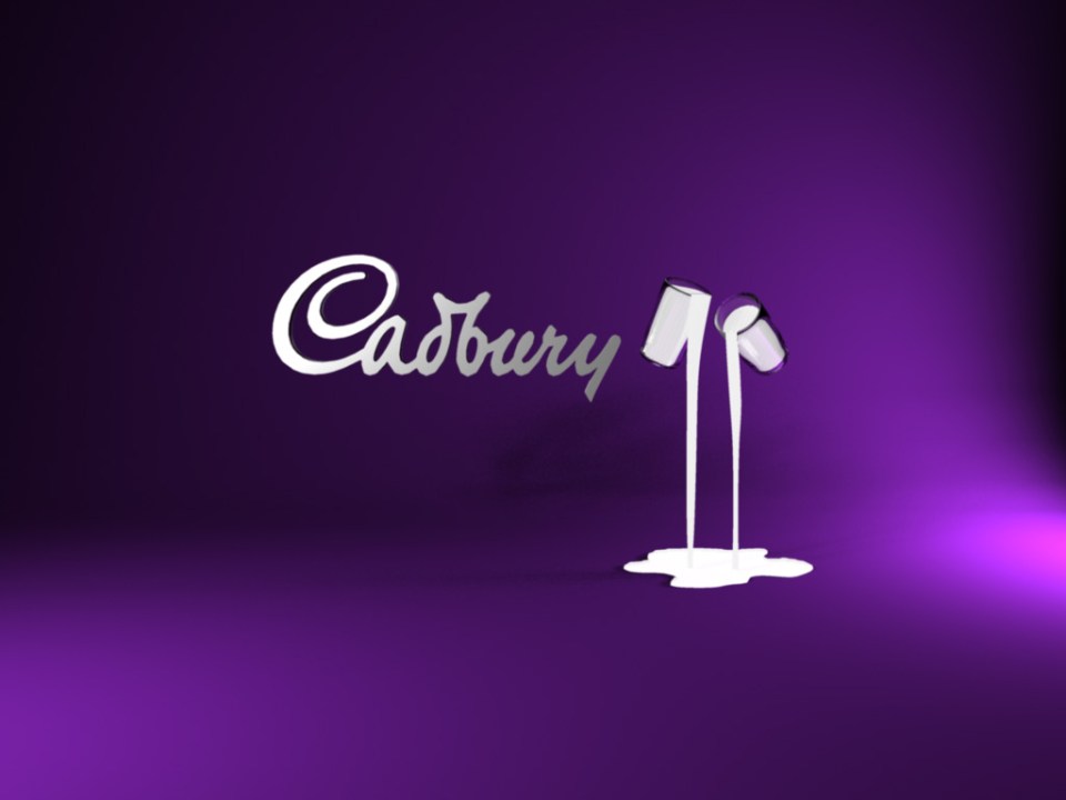 Cadbury logo with milk pouring from two glasses.