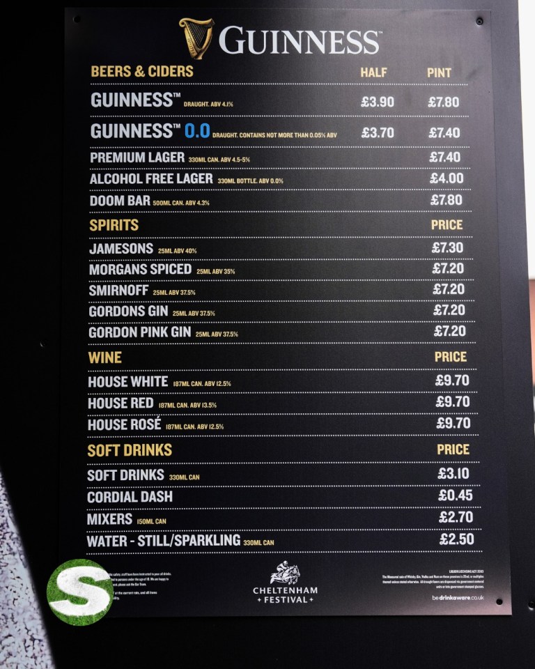 Cheltenham Festival drink price list.