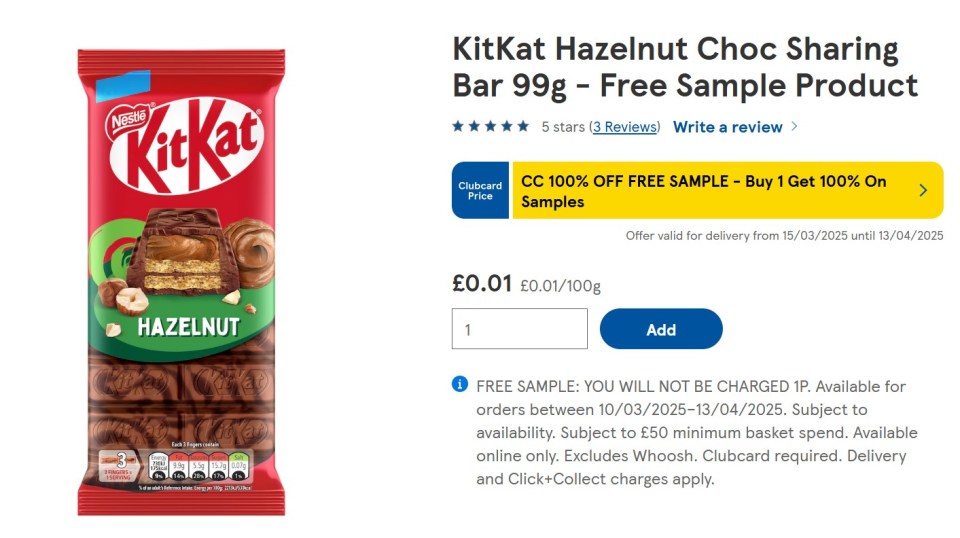 Free sample offer for a KitKat Hazelnut chocolate bar.