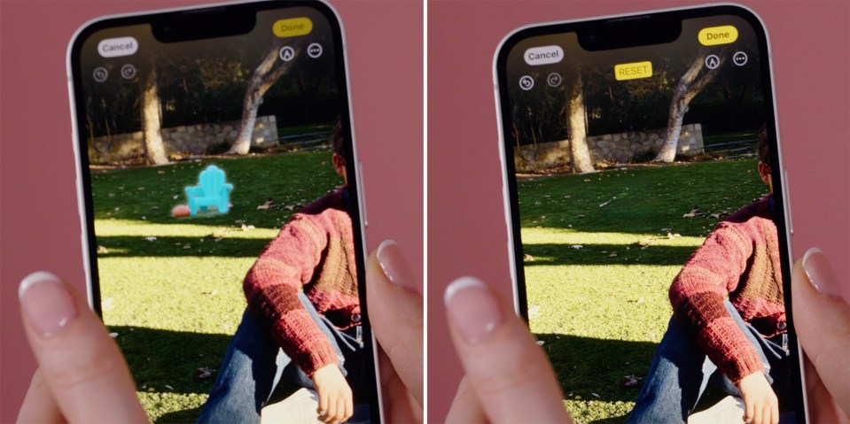 Smartphone screen showing a person sitting on a lawn with a virtual chair superimposed on the image.