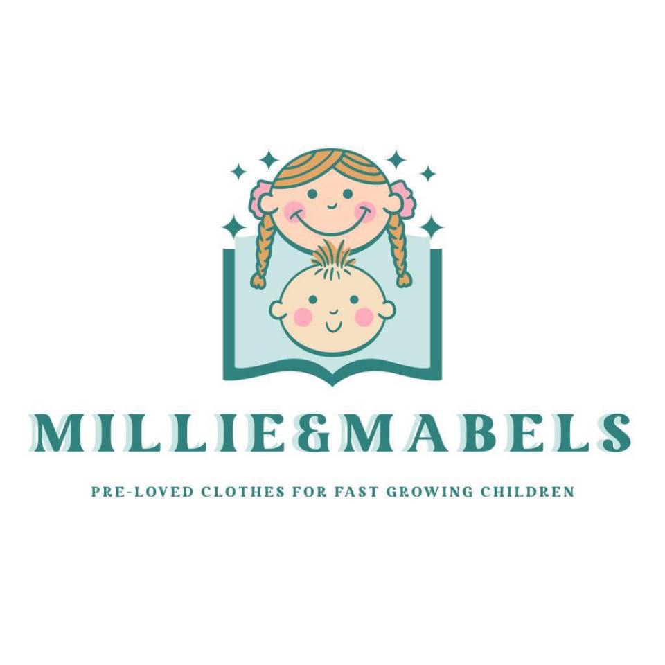 Illustration of Millie & Mabels logo: a girl and baby on a book, with text "Pre-loved clothes for fast growing children".
