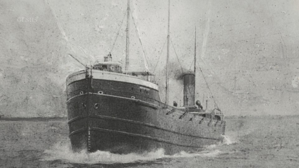 Black and white image of the Western Reserve, a merchant ship that sank in Lake Superior in 1892.
