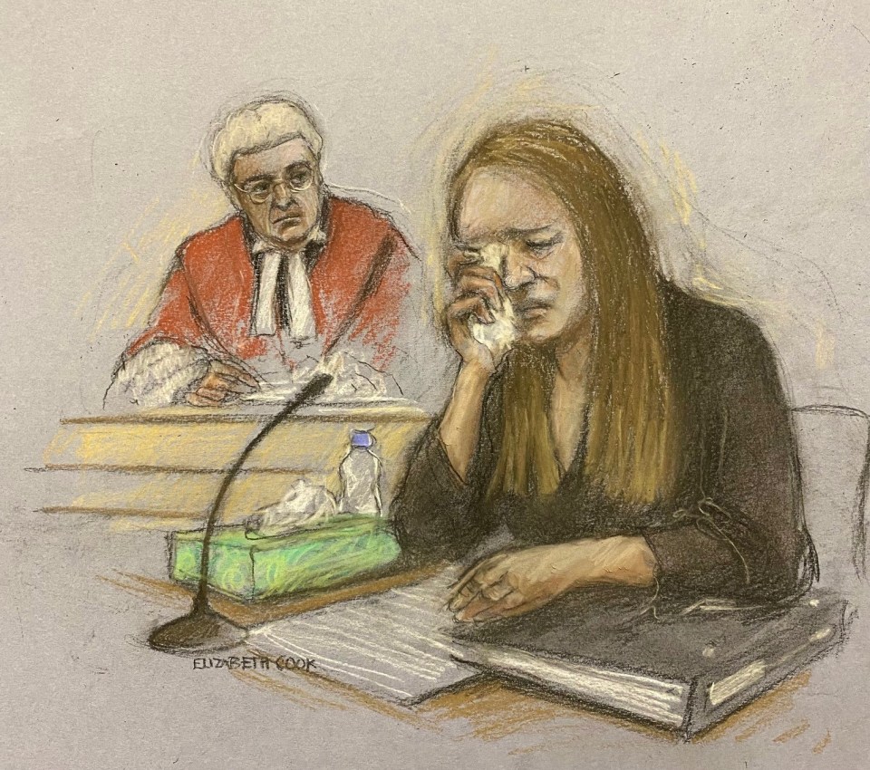 Court sketch of Lucy Letby crying in the dock.