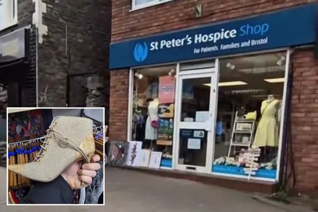 An image collage containing 2 images, Image 1 shows A street-level view of St Peter's Hospice Shop, with text overlay indicating a £695 item was found there, Image 2 shows Person holding up a beige lace-up shoe with a crocodile-embossed heel
