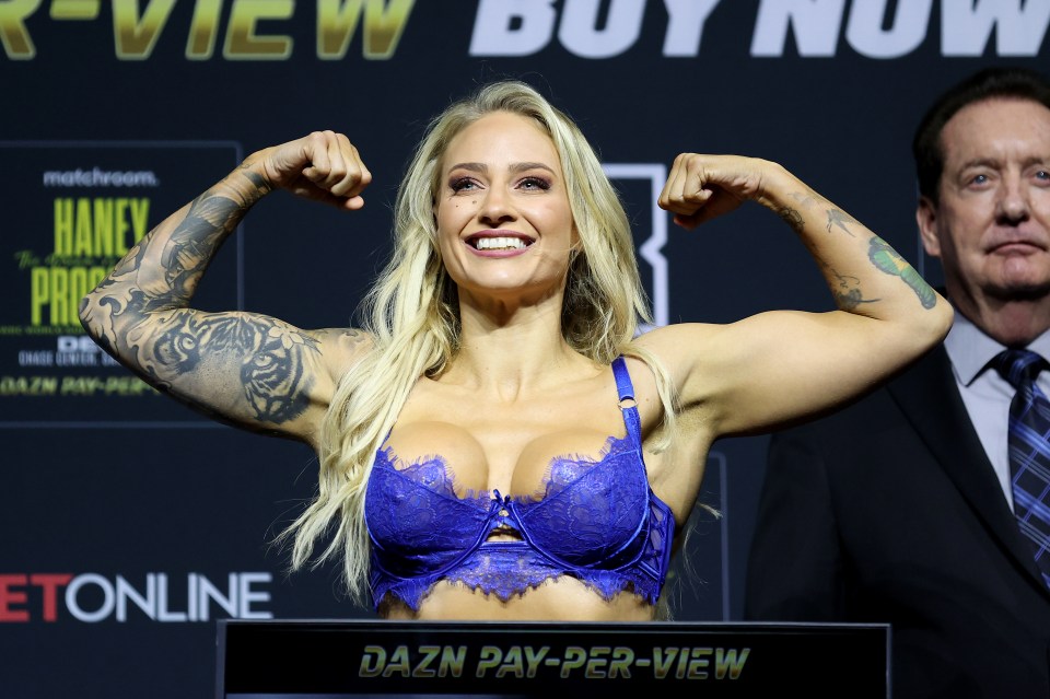 Ebanie Bridges at a boxing weigh-in.