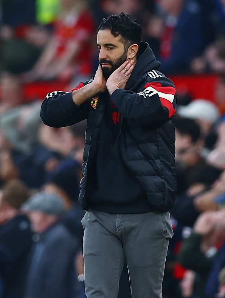 Manchester United manager Ruben Amorim reacts during a Premier League match.