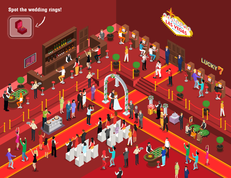 Illustration of three wedding ceremonies taking place in a Las Vegas casino; find the wedding rings.