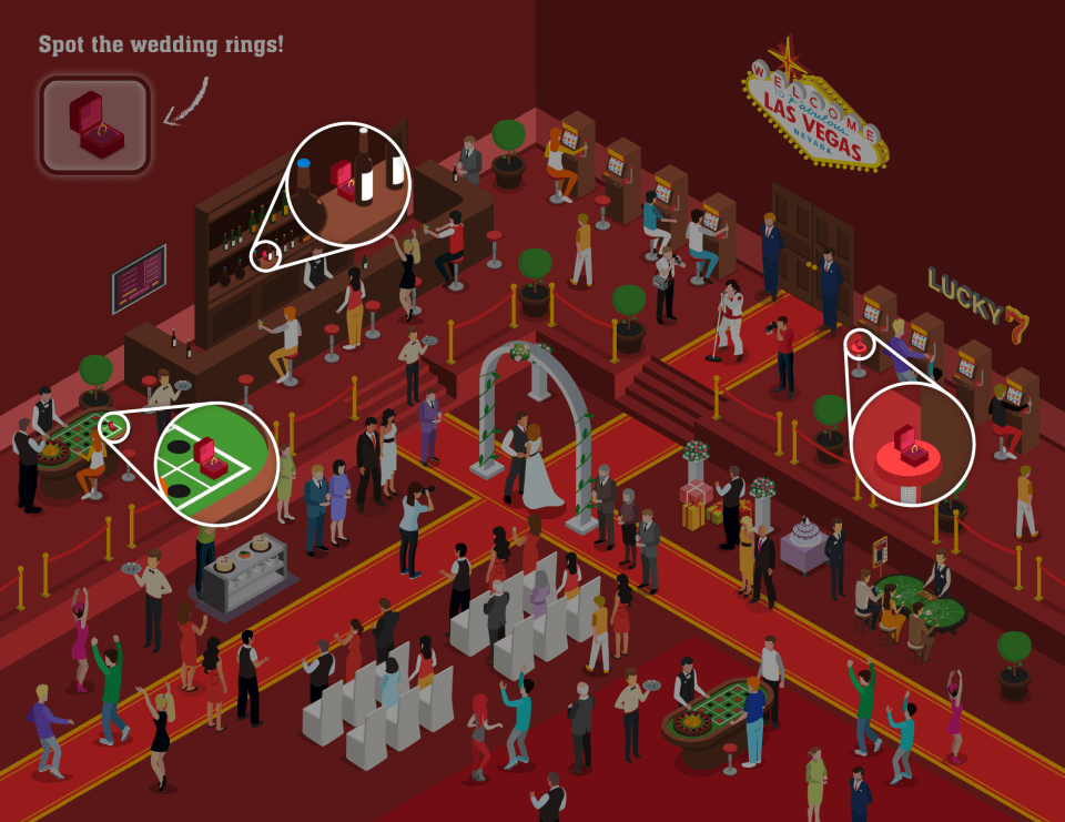 Illustration of a Las Vegas casino with three hidden wedding rings; a visual puzzle.