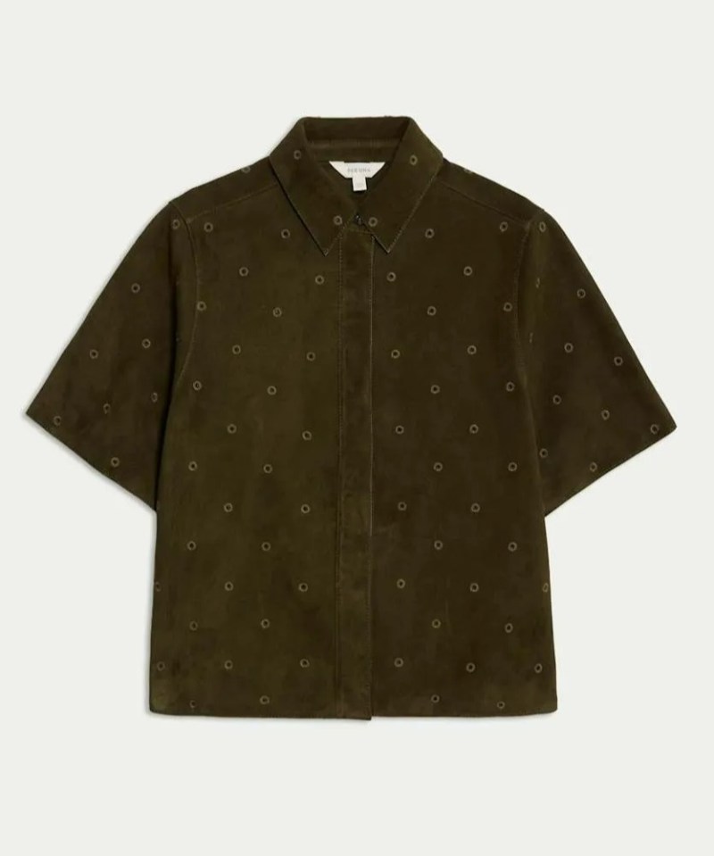 Olive green suede shirt with eyelet details.