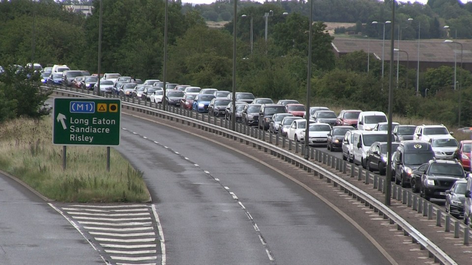 Traffic jam on a dual carriageway near the M1 junction 25.
