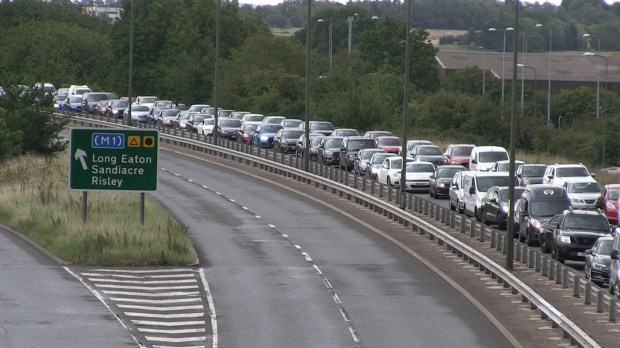 Traffic jam on a dual carriageway near the M1 junction 25.