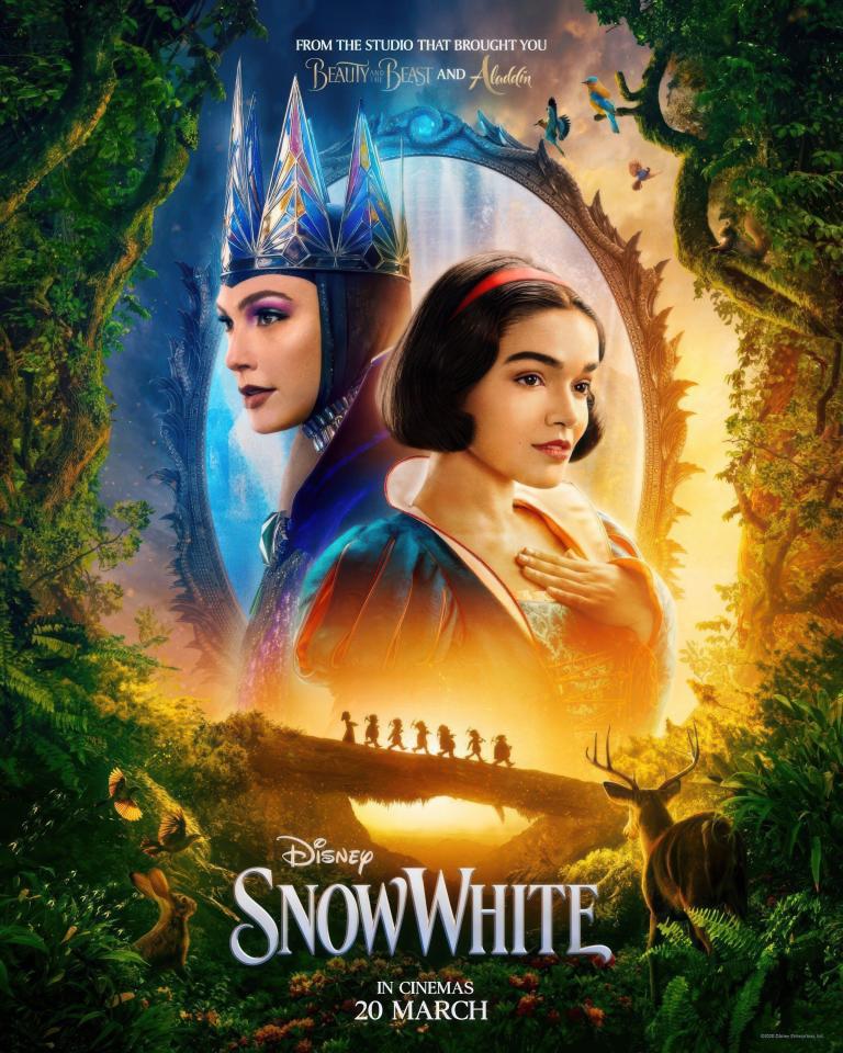 Poster for Disney's Snow White, featuring Gal Gadot as the Evil Queen and Rachel Zegler as Snow White.