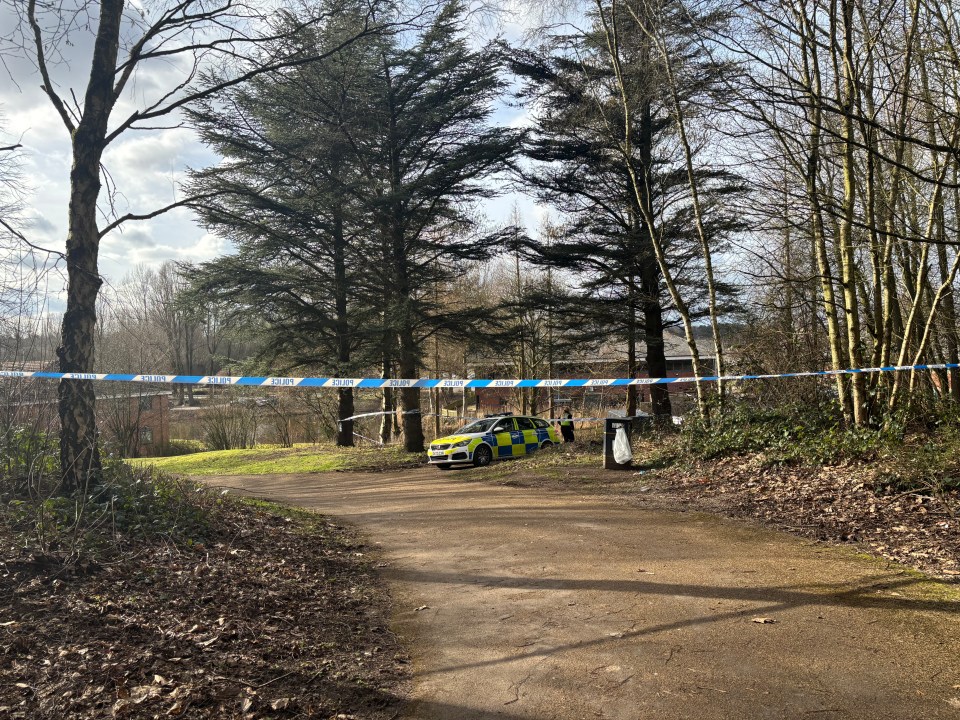 Police car at a crime scene behind police tape.