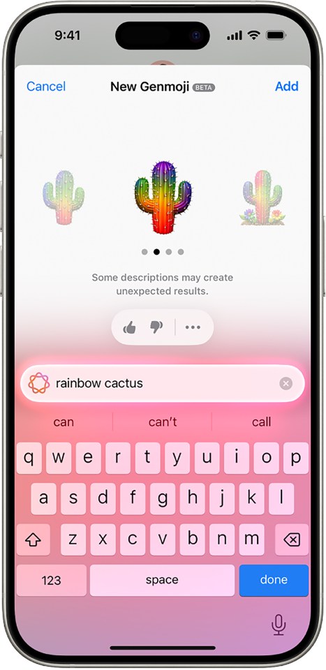 iPhone screen showing creation of a rainbow cactus Genmoji.