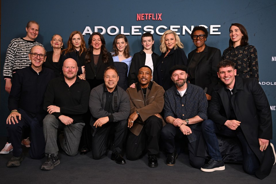 Group photo of the cast and crew of the Netflix film *Adolescence* at a screening.