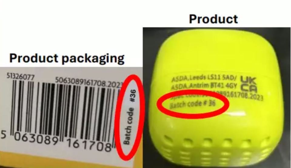 Recalled Hapello Fun Sensory Roller packaging and product showing batch code #36.