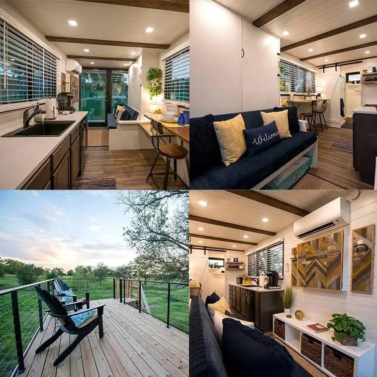 Collage of a modern, flat-pack home's interior and exterior.