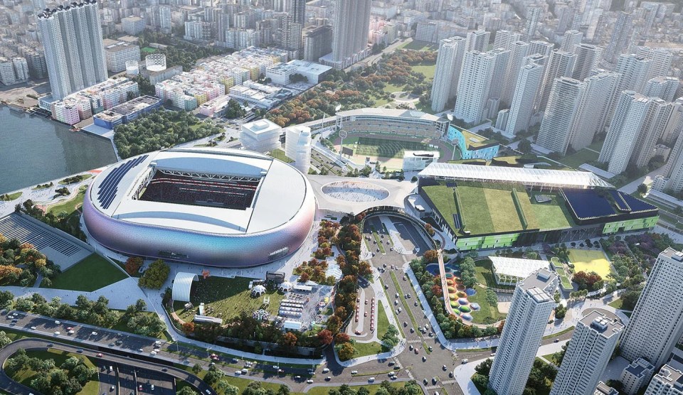 Aerial illustration of the Kai Tak Sports Park in Hong Kong.