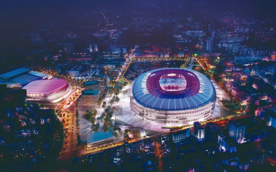 Illustration of a redesigned football stadium at night, with surrounding buildings and landscaping.