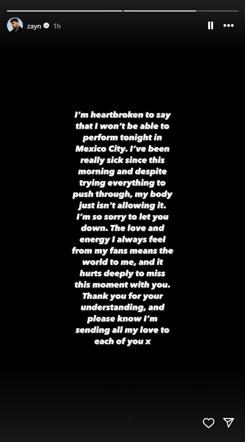 Zayn's announcement that he is canceling his Mexico City performance due to illness.