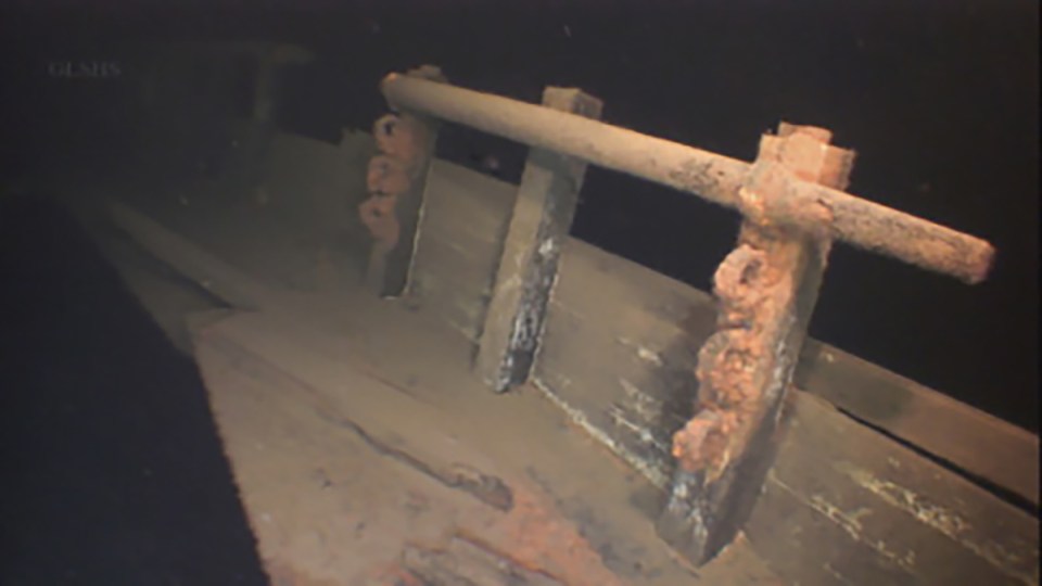 Underwater image of the Western Reserve shipwreck's deck rack.