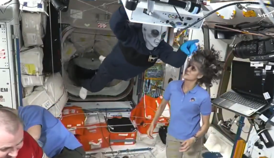Astronaut having hair styled by alien in space station.