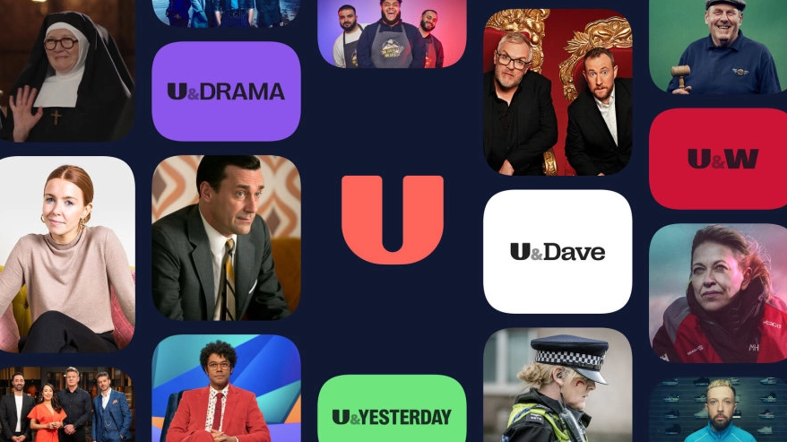 Collage of UKTV channel logos and show stills.