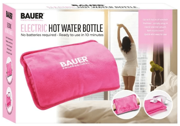 Pink electric hot water bottle; no batteries required.