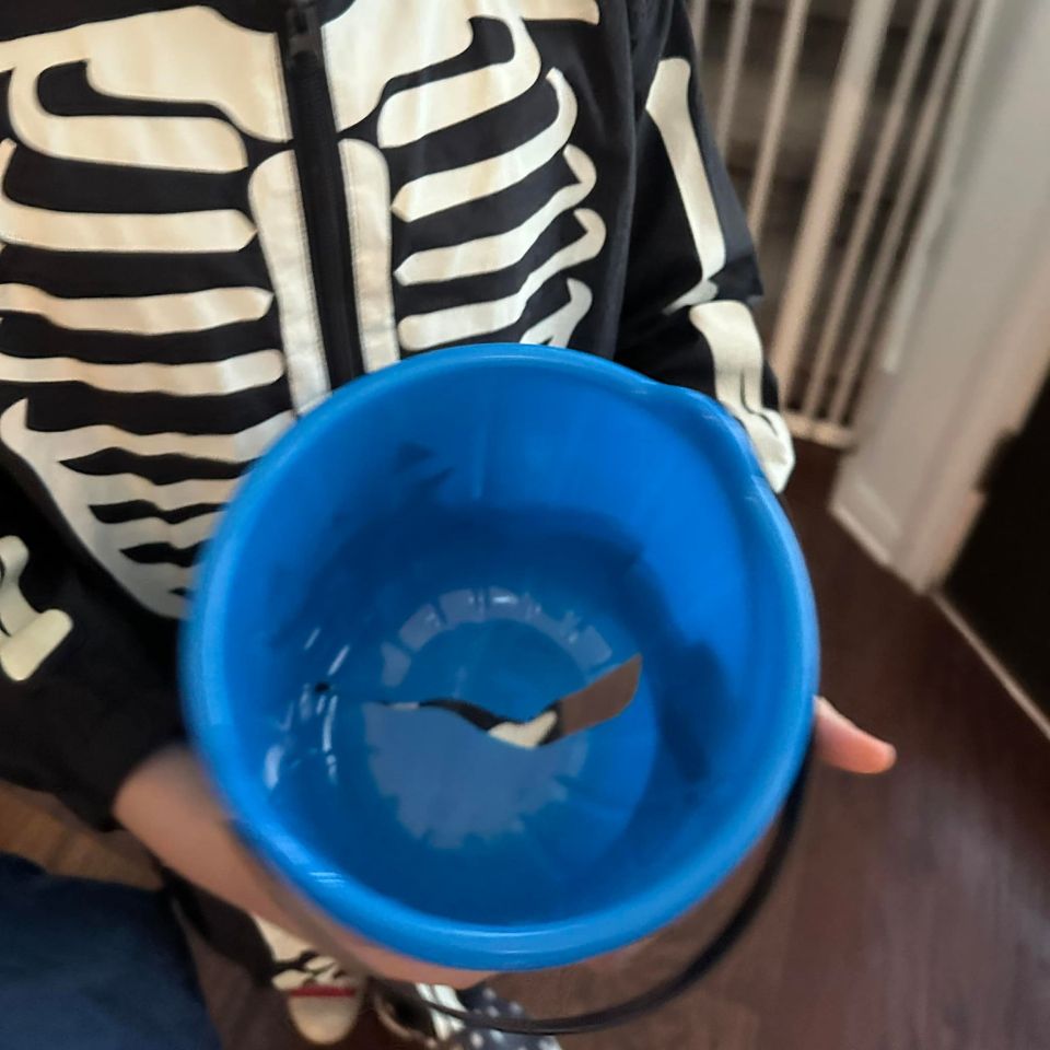 Child in skeleton costume holding a damaged blue bucket.