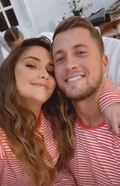 Jacqueline Jossa and Dan Osborne in matching pajamas.