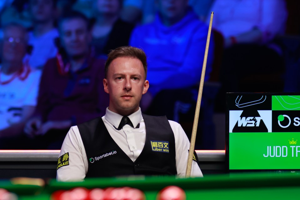 Judd Trump of England reacting during a snooker match.