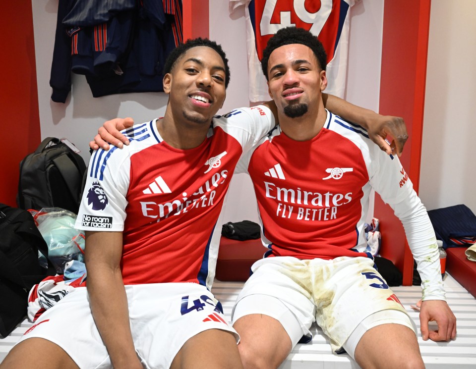 Myles Lewis-Skelly and Ethan Nwaneri, Arsenal footballers, in the locker room.