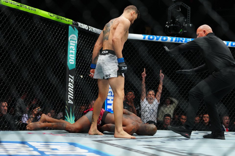 Mauricio Ruffy knocks out Bobby Green with a wheel kick in a UFC match.