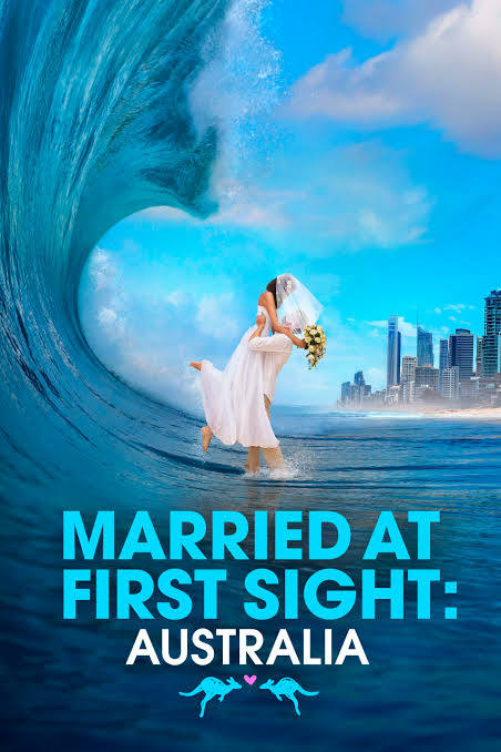 Poster for Married at First Sight: Australia, showing a couple kissing in wedding attire in front of a large wave and city skyline.