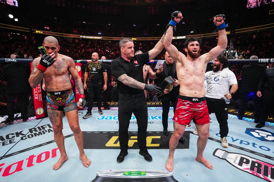 Magomed Ankalaev of Russia celebrates his unanimous-decision victory in a UFC light heavyweight championship fight.