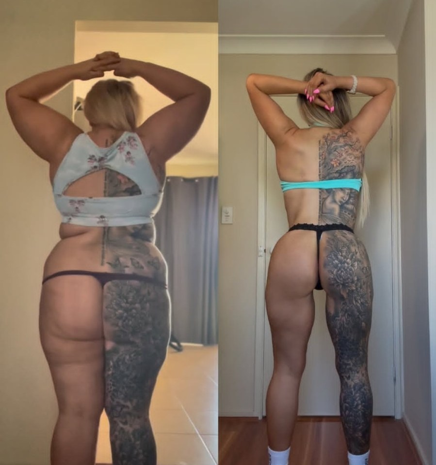 Before and after photos of a woman's weight loss journey.