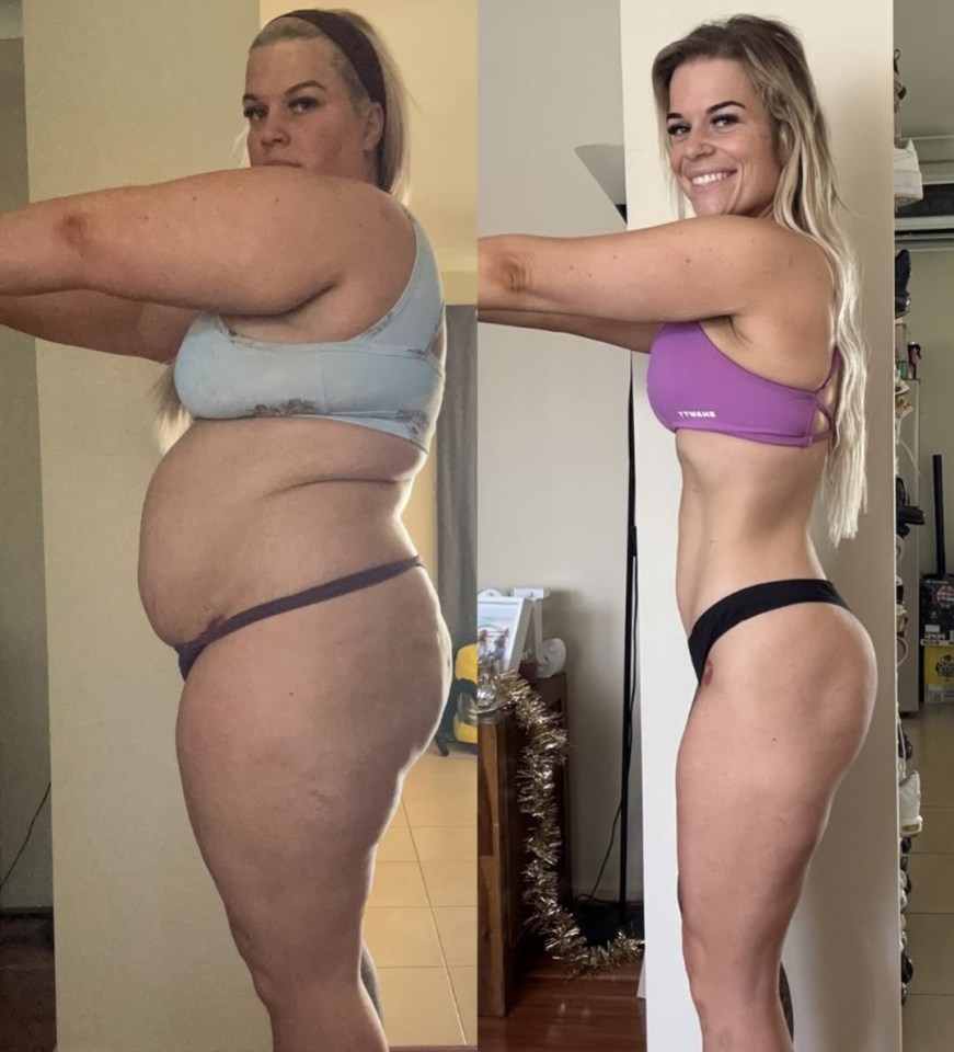 Before and after photos of a woman's weight loss journey.