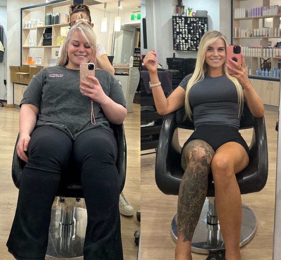 Before and after photos of a woman's weight loss journey.