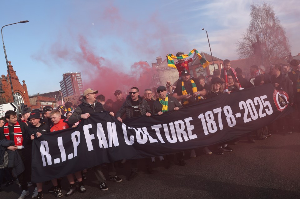 Manchester United fans protesting the Glazer ownership with a banner reading "R.I.P. Fan Culture 1878-2025".